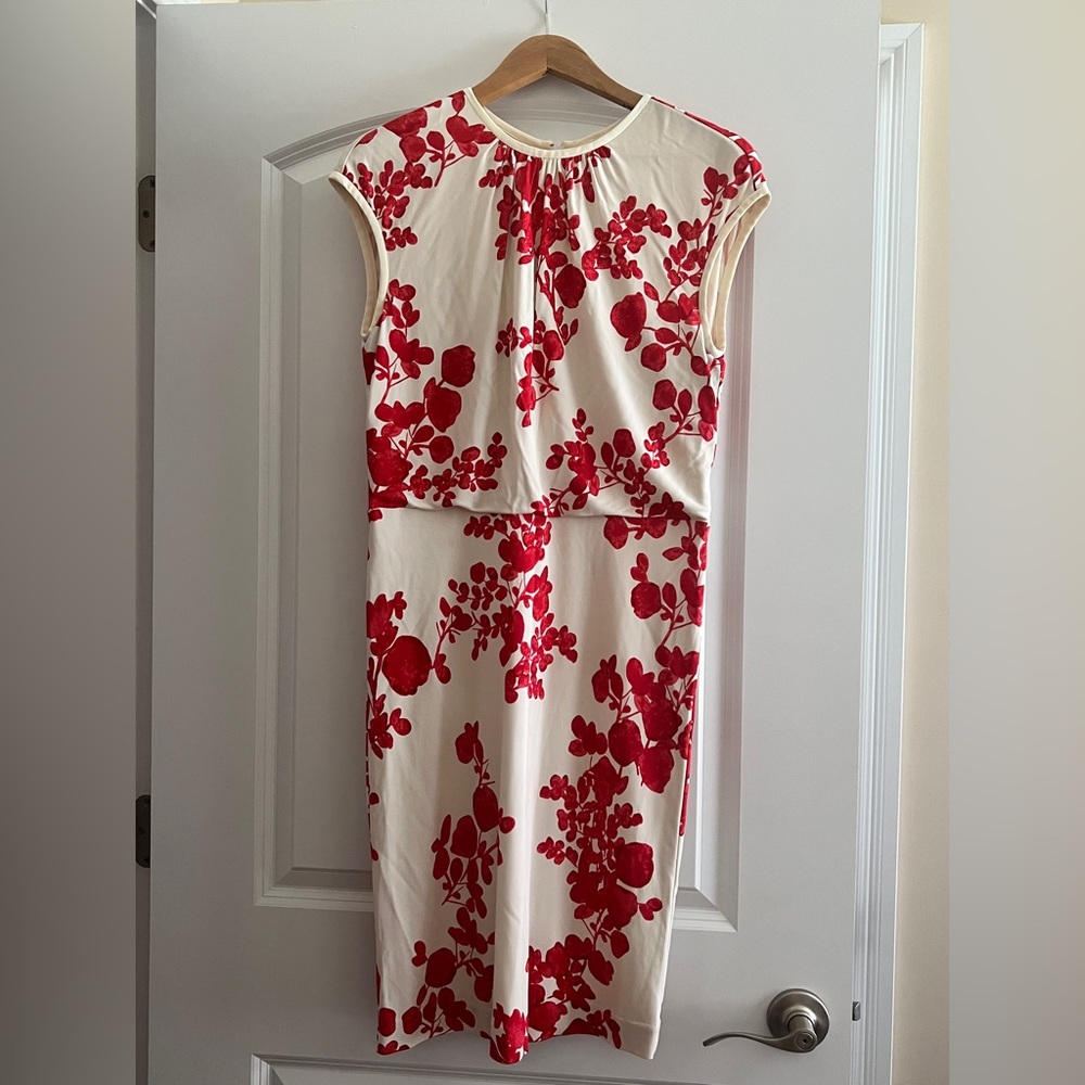 Tory Burch polyester blend jersey dress, white with red floral print